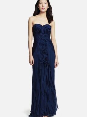 Adrianna Papell Navy Strapless Ruffle Gown